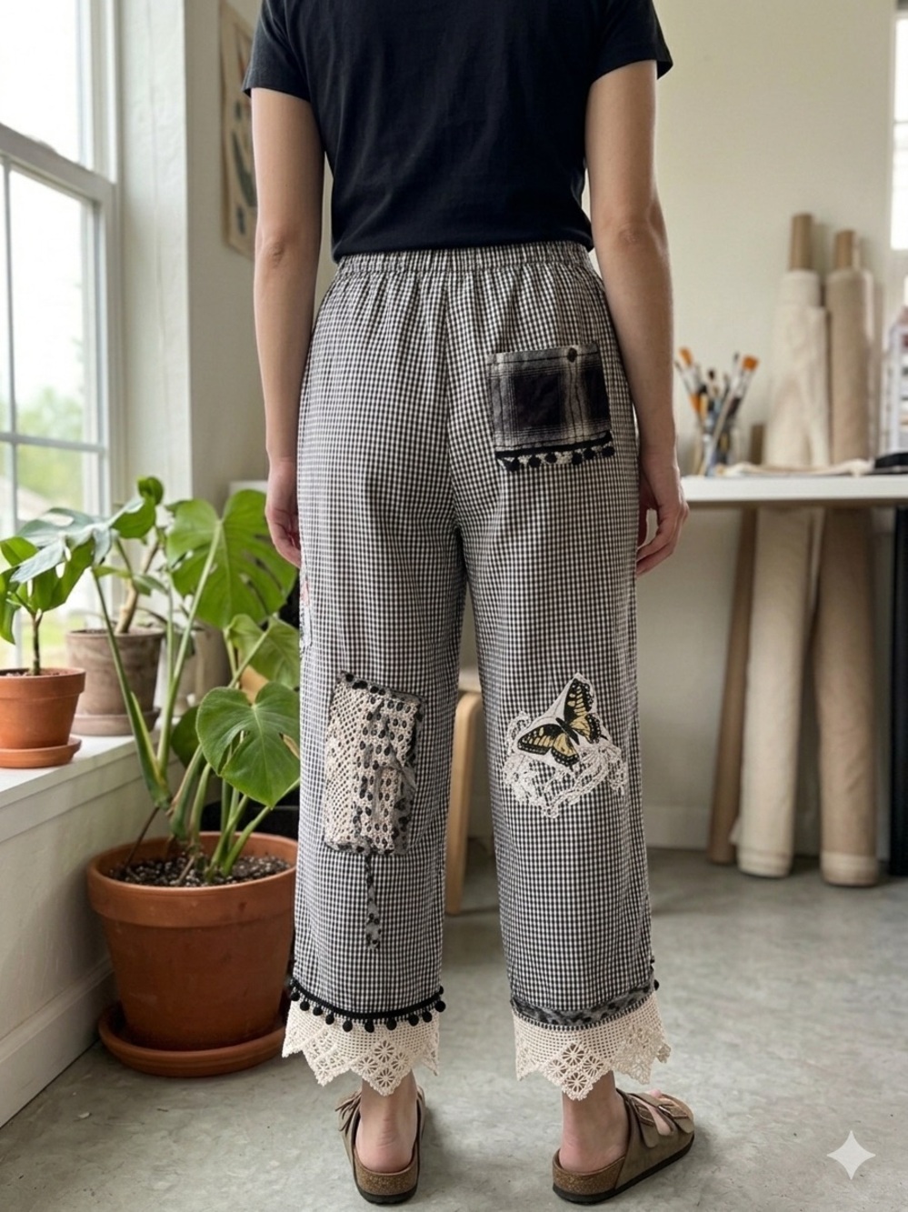 Black Checkered Patchwork Pants Size 14 - Picture 2 of 14